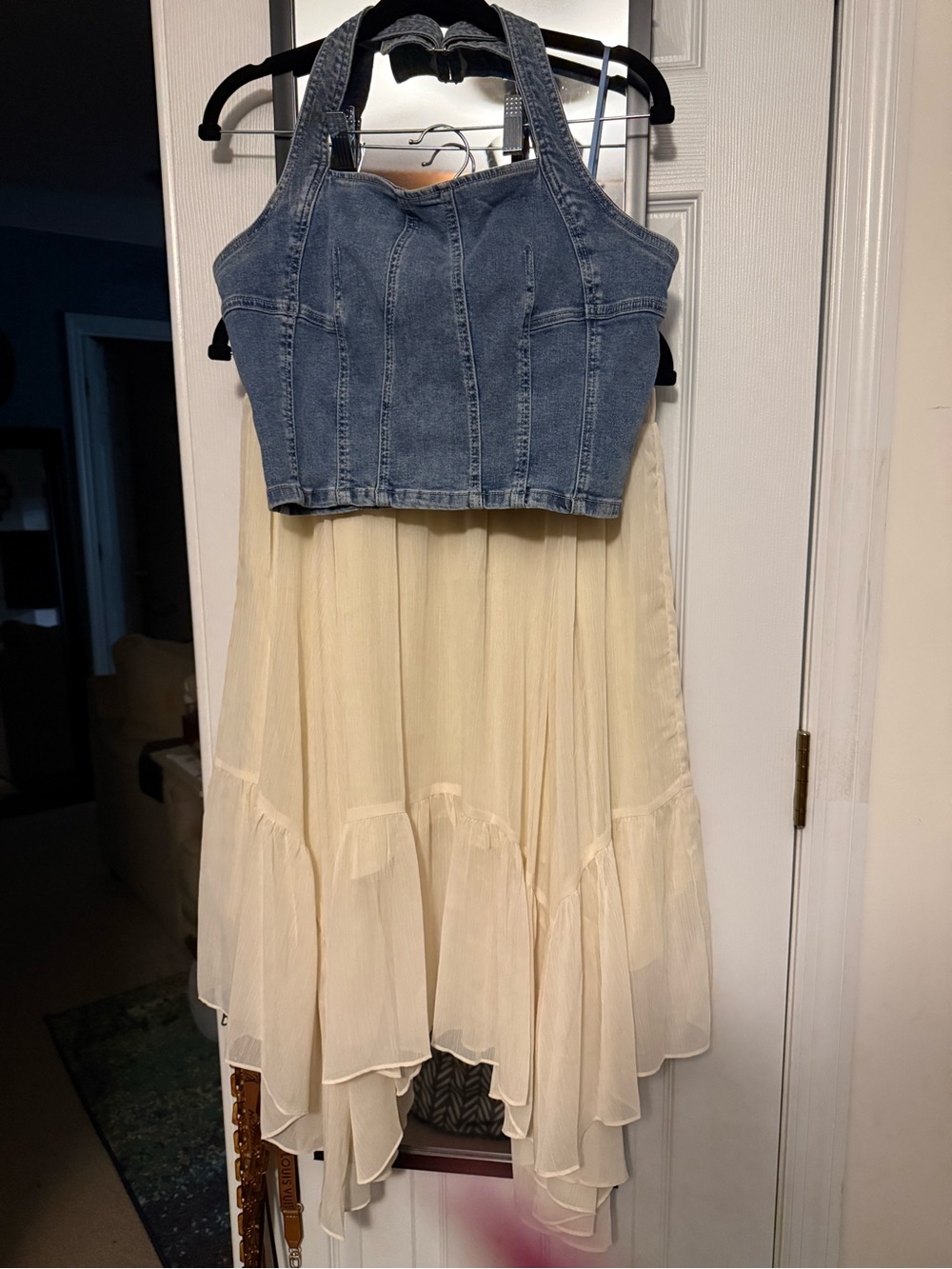 Women’s Denim Halter Top with Cream Chiffon Skirt Dress